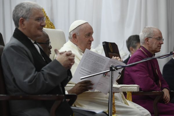 Pope Francis with Right Rev. Iain Greenshields (L) and Archbishop Justin Welby (R) during a meeting with refugees in Juba, South Sudan, on Feb. 4, 2023. Vatican Media