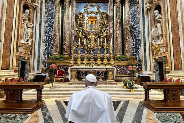 After being discharged from the hospital on April 1, 2023, Pope Francis went to pray in the Basilica of St. Mary Major. Vatican Media