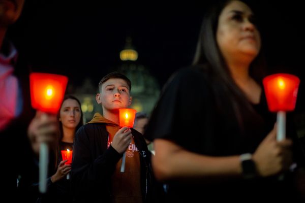 St. Peter’s Square was illuminated by candlelight the night of Saturday, May 20, 2023, as pilgrims prayed the rosary in a procession in honor of the Blessed Virgin Mary. Credit: Daniel Ibañez/CNA