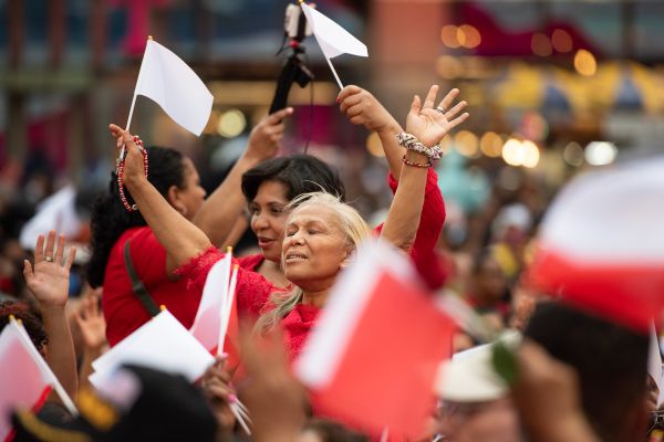 Thousands of people gathered in Times Square for a eucharistic procession in New York City on May 27, 2023. Credit: Jeffrey Bruno/CNA