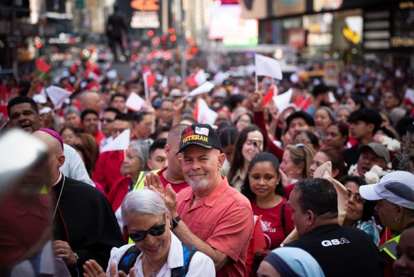 Thousands of people gathered in Times Square for a eucharistic procession in New York City on May 27, 2023. Credit: Jeffrey Bruno/CNA