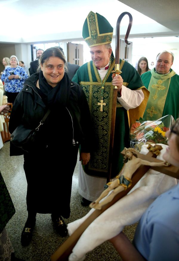 Antonia Salzano and Bishop David O’Connell in the narthex of St. Dominic Parish in Brick, New Jersey, where hundreds turned out to celebrate the life of Blessed Carlo Acutis. Oct. 1, 2023. Credit: Thomas P. Costello II