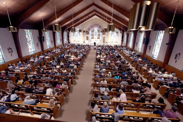 Hundreds gather for Mass and blessing of a shrine dedicated to Carlo Acutis at St. Dominic Parish in Brick, New Jersey, Oct. 1, 2023. Credit: Thomas P. Costello II