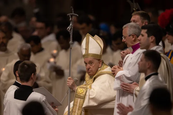 Pope Francis at the Easter Vigil Mass at the Vatican on April 8, 2023. Credit: Daniel Ibanez/CNA