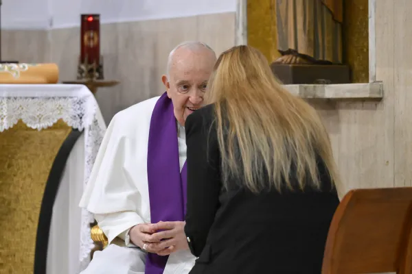 Pope Francis hears confessions after a penitential service at St. Pius V Parish in Rome on March 8, 2024. Credit: Daniel Ibañez/CNA