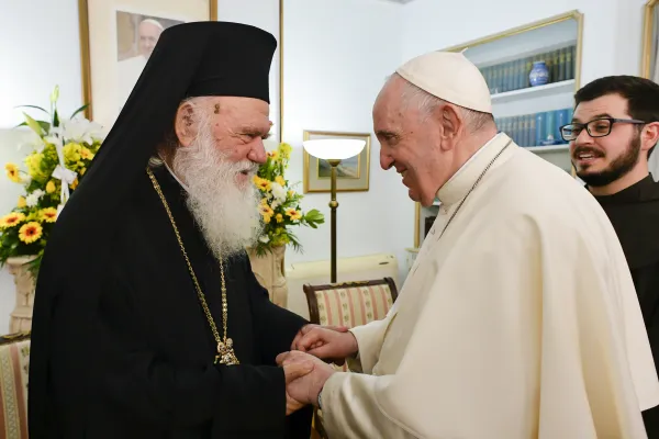 Pope Francis greets His Beatitude Ieronymos II in Athens, Greece on Dec. 5, 2021. Vatican Media