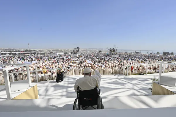 Pope Francis waves at the crowd of 1.5 million people who attended the closing Mass of World Youth Day 2023 in Lisbon, Portugal on Aug. 6, 2023. Vatican Media.