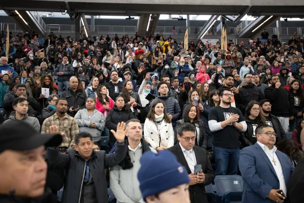 Crowds adore the Blessed Sacrament as the monstrance makes its way to the altar at the Diocese of Brooklyn Eucharistic Revival on April 20, 2024. Credit: Jeffrey Bruno