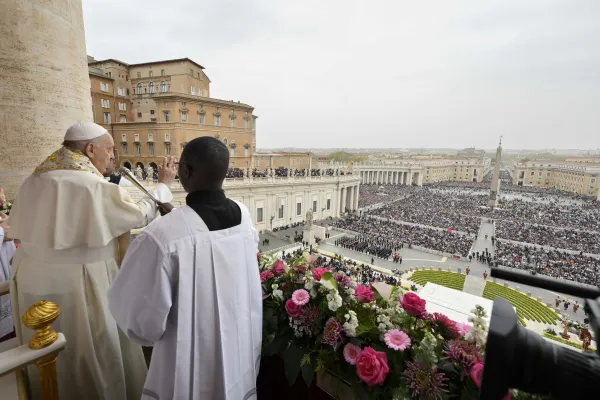 Pope Francis gives his urbi et orbi blessing from the central loggia of St. Peter’s Basilica before an estimated 60,000 people on March 31, 2024. Credit: Vatican Media