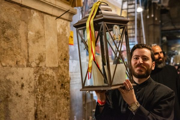 A lamp used to transport the "Holy Fire" from the Basilica of the Holy Sepulcher in Jerusalem to Bethlehem is carried at the lighting ceremony on May 4, 2024. By longstanding tradition, the flames from the purported miraculous fire are brought to the main Orthodox churches in the Holy Land and sent to the main Orthodox churches around the world via specially arranged flights. Credit: Marinella Bandini/CNA