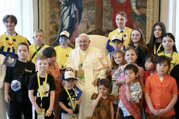 Pope Francis meets with a group of Palestinian and Ukrainian children at the Vatican on May 25, 2024. Credit: Vatican Media