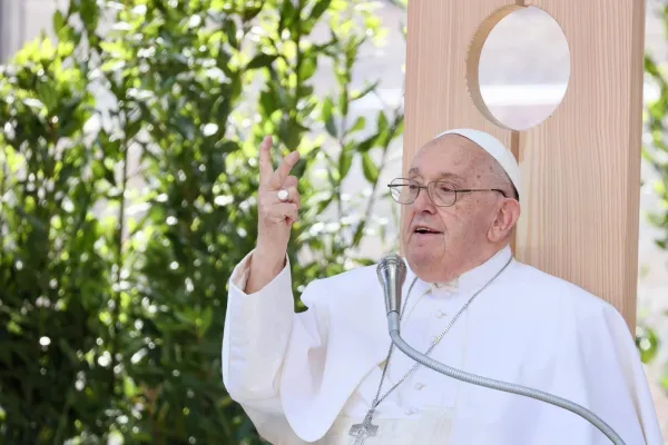Pope Francis speaks to pilgrims gathered in the arena in Verona, Italy, on May 18, 2024. Credit: Daniel Ibañez/CNA