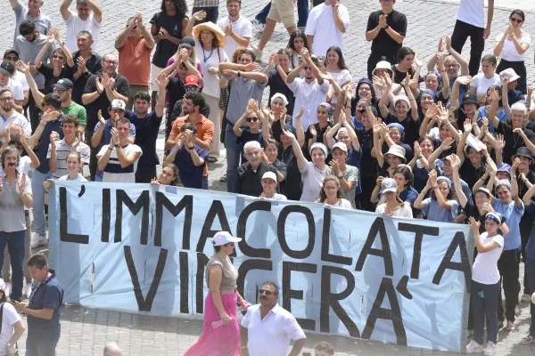 Pilgrims gather in St. Peter’s Square at the Vatican to hear Pope Francisr’ special Angelus message on the solemnity of Sts. Peter and Paul, June 29, 2024. Credit: Vatican Media