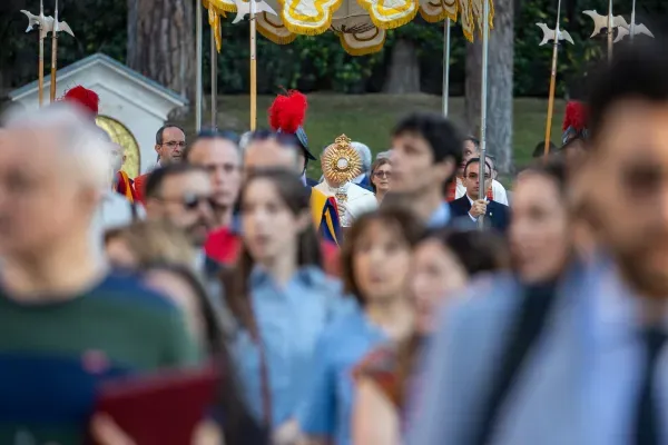 Lay faithful precede the Eucharist during a procession in honor of the protomartyrs of Rome on June 27, 2024. Credit: Daniel Ibáñez/EWTN News