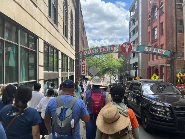 Participants in the National Eucharistic Pilgrimage walk near Printer’s Alley in downtown Nashville, Tennessee, on Friday, June 28, 2024. Credit: Tyler Arnold/CNA