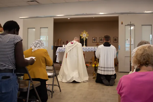 Auxiliary Bishop Mark S. Rivituso of St. Louis adores Christ in the Eucharist at the chapel of the Missionaries of Charity. Credit: Jonah McKeown/CNA