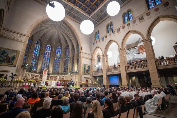 Pope Francis meets with Catholic faithful at the Luxembourg cathedral on Sept. 26, 2024. According to the Archdiocese of Luxembourg, within eight hours after registration opened, more than 10,000 people had applied for one of 650&nbsp;available&nbsp;spots for the meeting with Pope Francis in the Luxembourg&nbsp;cathedral. Credit: Daniel Ibañez/CNA