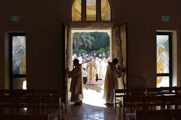 The opening of the doors of the Church of Our Lady of the Ark of the Covenant in Kiryat Yearim on Aug. 31, 2024, for the solemn celebration with the rite of dedication of the altar, presided over by Cardinal Pierbattista Pizzaballa, the Latin patriarch of Jerusalem. Credit: Photo courtesy of the Latin Patriarchate of Jerusalem