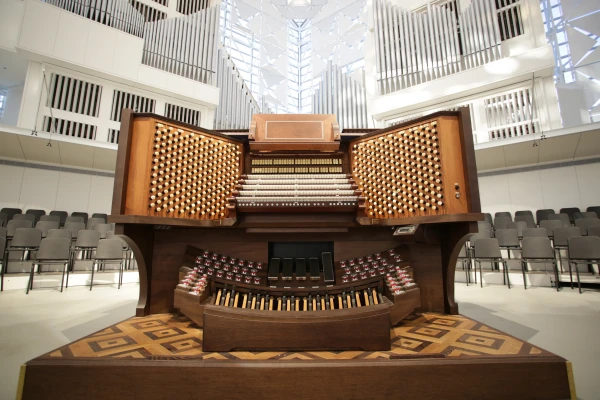 The Hazel Wright Organ was dedicated and first played in 1982, quickly becoming a highlight of Dr. Robert Schuller’s “Hour of Power” broadcasts. When the Diocese of Orange acquired Schuller’s Crystal Cathedral campus in 2012, the organ was in disrepair and in need of a full restoration — a process that took nearly a decade and was fully completed in 2022. Credit: Greg O'Loughlin/Diocese of Orange
