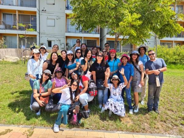 An outing in Sderot of the caregivers who worked at Kibbutz Be'eri on Sept. 5, 2023. Biboso and her employer were transferred to a hotel on the Dead Sea, along with the surviving residents of Kibbutz Be’eri, after the attack on Oct. 7, 2023. About 10 of Biboso’s colleagues joined them, while two died in the attack and five returned to the Philippines. Credit: Monica Biboso