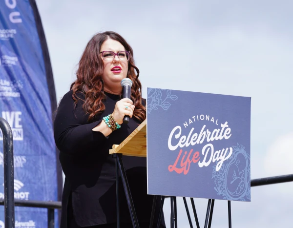 Kristan Hawkins, president of Students for Life of America, addresses the crowd at a pro-life rally in front of the Lincoln Memorial on June 24, 2023, marking the first anniversary of the U.S. Supreme Court's Dobbs decision overturning Roe v. Wade. Credit: Joseph Portolano/CNA