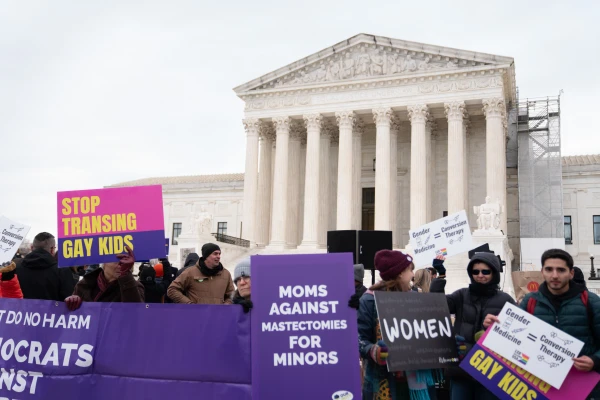 Demonstrators rally on the steps of the United States Supreme Court on Dec. 4, 2024, as justices heard oral arguments in a challenge to a Tennessee law banning transgender surgeries for minors. Credit: Migi Fabara/CNA