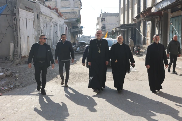 The Latin patriarch of Jerusalem, Cardinal Pierbattista Pizzaballa, walks through the streets of Gaza during his visit on Dec. 22, 2024. Credit: Photo courtesy of the Latin Patriarchate of Jerusalem