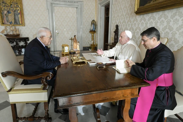 Pope Francis meets with Palestinian President Mahmoud Abbas at the Vatican on Dec. 12, 2024, for discussions focused on the humanitarian crisis in Gaza and prospects for peace in the Holy Land. Credit: Vatican Media