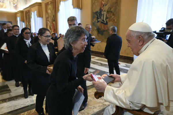 Pope Francis meets with members of the Filipino community at the Vatican's Consistory Hall on Monday, Dec. 16, 2024. Credit: Vatican Media