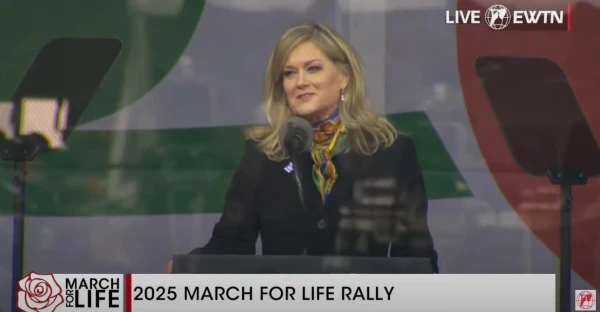 Outgoing March for Life President Jeanne Mancini, who has led the organization since 2012, introduces the new March for Life president, Jennie Bradley Lichter, on Jan. 24, 2025, at the 2025 March for Life in Washington, D.C. Credit: EWTN/Screenshot