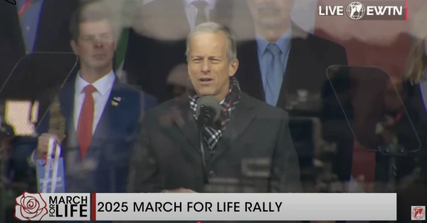 Senator John Thune, majority leader of the Senate, addresses rallygoers at the March for Life on Jan. 24, 2025. Credit: EWTN screenshot