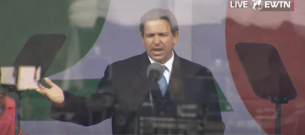 Florida Gov. Ron DeSantis addresses the pre-march rally on the subject of Florida voters' rejection of a pro-abortion initiative. Credit: EWTN screenshot