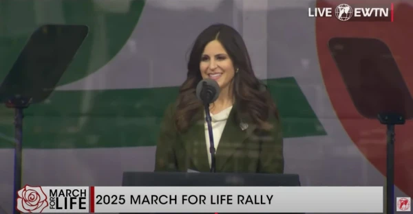 Lila Rose, the president of the pro-life group Live Action, speaks at the March for Life on Jan. 24, 2025, at the National Mall in Washington, D.C. Credit: EWTN/Screenshot