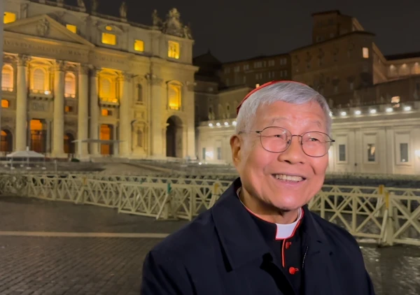 Cardinal Lazarus You Heung-sik, prefect of the Vatican Dicastery for the Clergy, speaks to CNA after the first prayer vigil for Pope Francis in St. Peter’s Square on Feb. 24, 2025. Credit: Courtney Mares/CNA