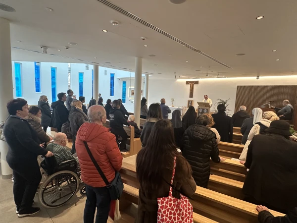 Faithful gather for a Holy Hour on Feb. 25, 2025, in the John Paul II Chapel at Gemelli Hospital in Rome, where Pope Francis is being treated for several medicatl conditions. Credit: Courtney Mares/CNA