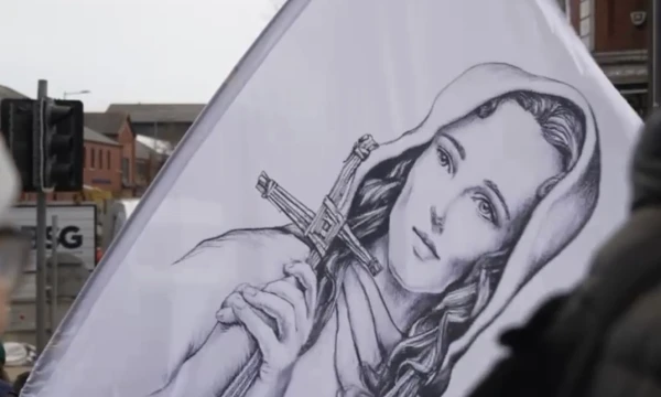 Banner of St. Brigid in the Eucharistic procession in Derry, Ireland, Feb. 1, 2025. Credit: EWTN Ireland