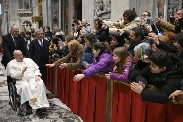 Pilgrims reach out to greet Pope Francis in St. Peter's Basilica at the Vatican, Feb. 1, 2025. Credit: Vatican Media