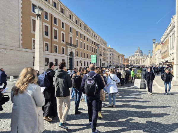 A group of pilgrims from France pray for Pope Francis on Rome on Friday, Feb. 21, 2025, as the pontiff remains in the hospital battling pneumonia. Credit: Hannah Brockhaus/CNA