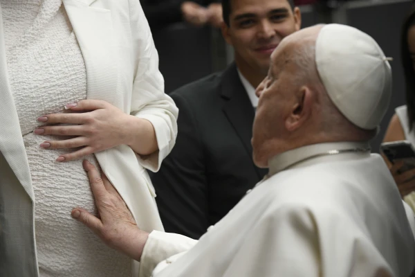 Pope Francis blesses a mother and her unborn child at his general audience at the Vatican, Wednesday, Feb. 12, 2025. Credit: Vatican Media