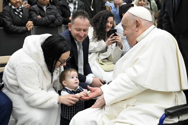 Pope Francis greets pilgrims gathered for his Wednesday general audience on Feb. 5, 2025, in the Paul VI Audience Hall at the Vatican. Credit: Vatican Media
