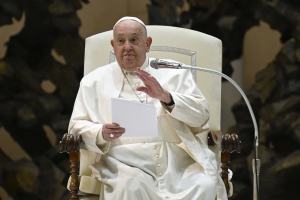 Pope Francis addresses pilgrims gathered for his Wednesday general audience on Feb. 5, 2025, in the Paul VI Audience Hall at the Vatican. Credit: Vatican Media