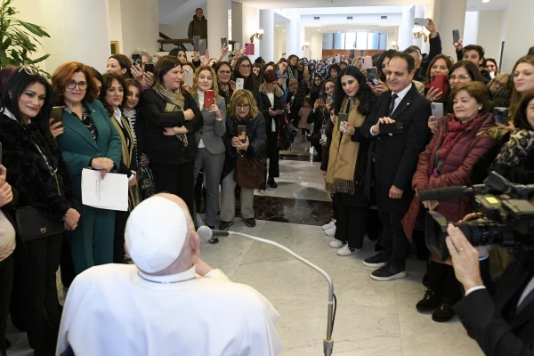 Pope Francis greets members of the Interprovincial Order of the Profession of Midwifery of Catanzaro on Feb. 6, 2025, at his Casa Santa Marta residence at the Vatican. Credit: Vatican Media