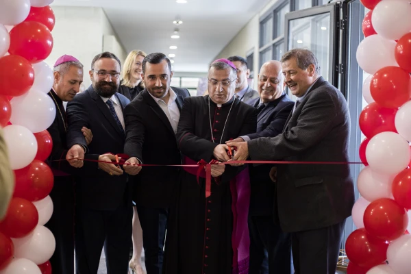 ACI MENA's launching ceremony on March 25, 2022, at the Catholic University in Erbil. Pictured are Chaldean Catholic Archbishop Bashar Warda (center); Alejandro Bermudez, CEO at the time of ACI Group (far right); and other dignitaries and staff. Credit: ACI MENA