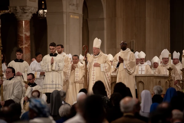 Cardinal McElroy begins the procession out of the Basilica following the Mass for his installation as Archbishop of Washington, Marchh 11, 2025. Credit: Patrick Ruddy/CNA