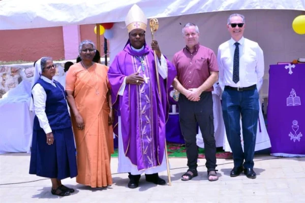 MCI leaders and local leaders at the opening of St. Claret on March 6, 2025. Right to left: Sister Christine (administrator), Provincial Sister Jeyarani; Archbishop Lambertt Bainomugisha of Mbarara; Simon Walley (executive director MaterCare International); and Dr. Elvis Seman (medical director MaterCare International). Credit: MaterCare International
