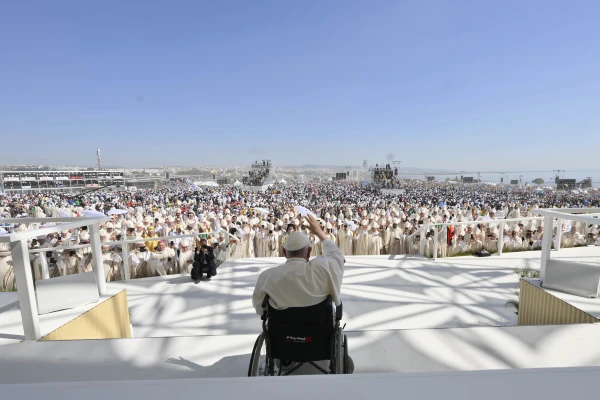 Pope Francis waves at the crowd of 1.5 million people who attended the closing Mass of World Youth Day 2023 in Lisbon, Portugal on Aug. 6, 2023. Vatican Media.