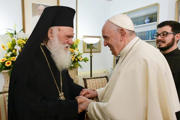 Pope Francis greets His Beatitude Ieronymos II in Athens, Greece on Dec. 5, 2021. Vatican Media