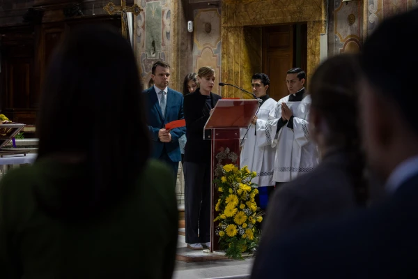 EWTN Vatican Bureau staff read petitions during a memorial Mass in thanksgiving for Mother Angelica, foundress of EWTN, on March 27, 2025, in the Church of Santo Spirito in Sassia near the Vatican. Credit: Daniel Ibañez/CNA