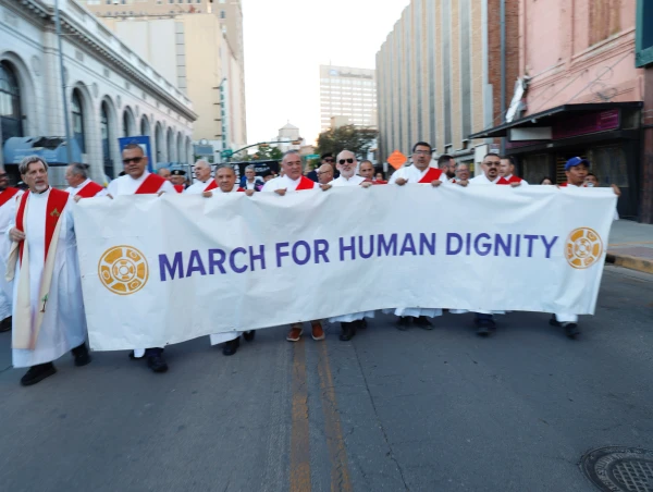 Participants march at a rally for immigrants and refugees at the Diocese of El Paso, Texas, on Monday, March 24, 2025. Credit: Father Miguel Briseño, OFM