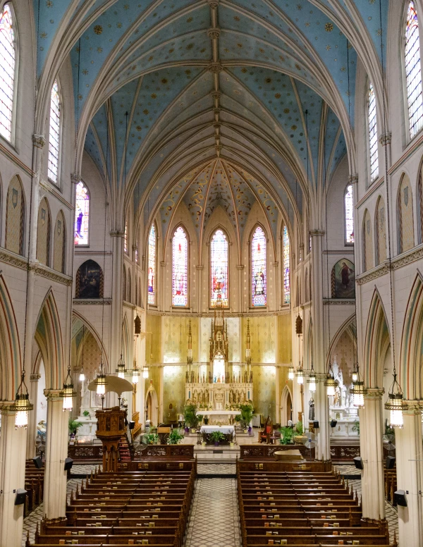 The interior of the Basilica of Sainte Anne de Détroit is seen in an undated photograph. Credit: Pulte Family Charitable Foundation